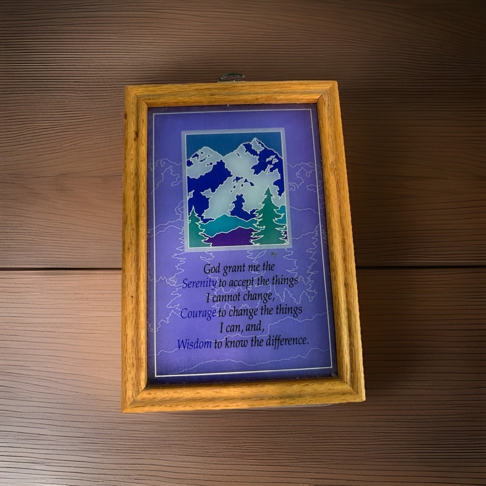 Vintage Serenity Prayer Framed Glass Art Print Mountain Scene 10" x 7" Used